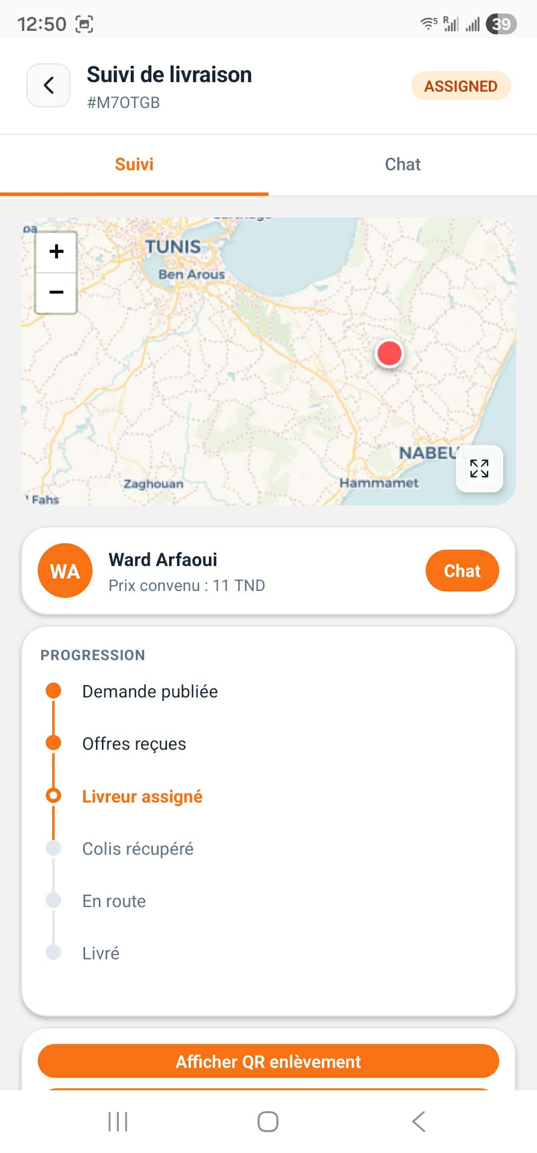 Écran de suivi de livraison de l'application Wasely